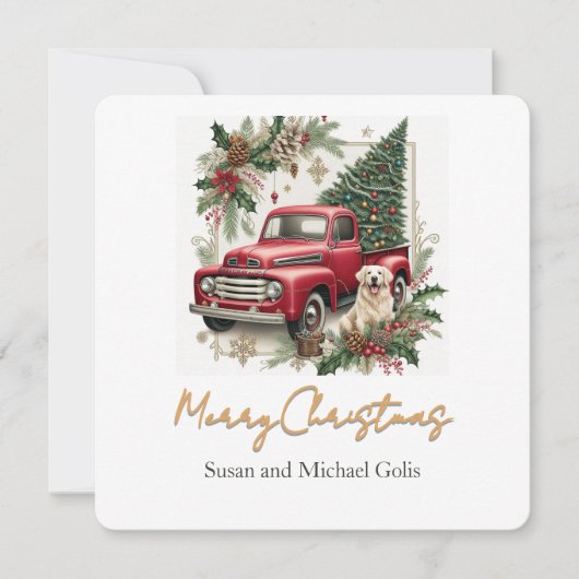 Christmas Red Truck with Greenery Gold  Font  シーズンカード (正面)