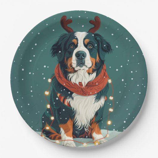Christmas Reindeer Bernese Mountain Dog ペーパープレート (正面)