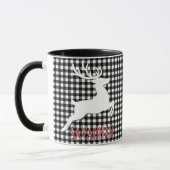 Christmas Reindeer Black & White Plaid Custom Name マグカップ (左)