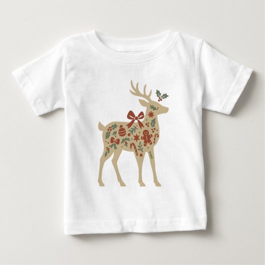 Christmas Reindeer Floral Art ベビーTシャツ (正面)