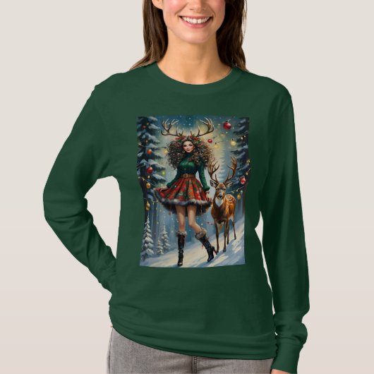 Christmas Reindeer Girl With Antlers Snowy Night Tシャツ (正面)