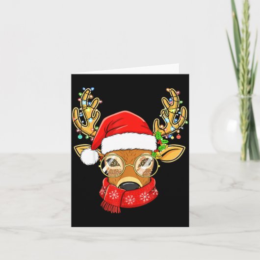 Christmas Reindeer Lights Gles Santa Hat Deer Xmas カード (正面)
