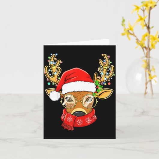 Christmas Reindeer Lights Gles Santa Hat Deer Xmas カード (黄色い花)