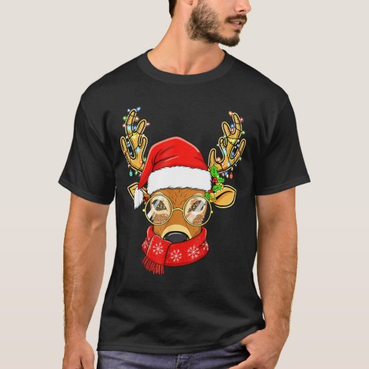Christmas Reindeer Lights Gles Santa Hat Deer Xmas Tシャツ (正面)