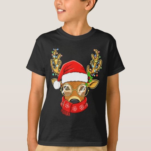 Christmas Reindeer Lights Gles Santa Hat Deer Xmas Tシャツ (正面)