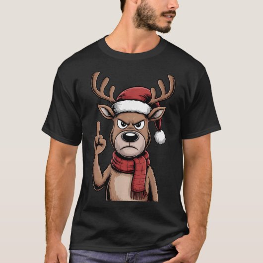 Christmas Reindeer Middle Finger Sarcastic Xmas Fu Tシャツ (正面)