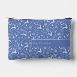 Christmas Reindeer Pattern Blue with Text アクセサリーポーチ