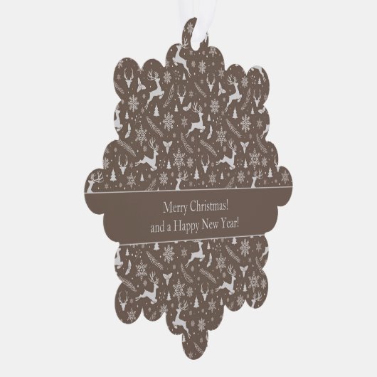 Christmas Reindeer Pattern Brown with Text オーナメントカード (右)