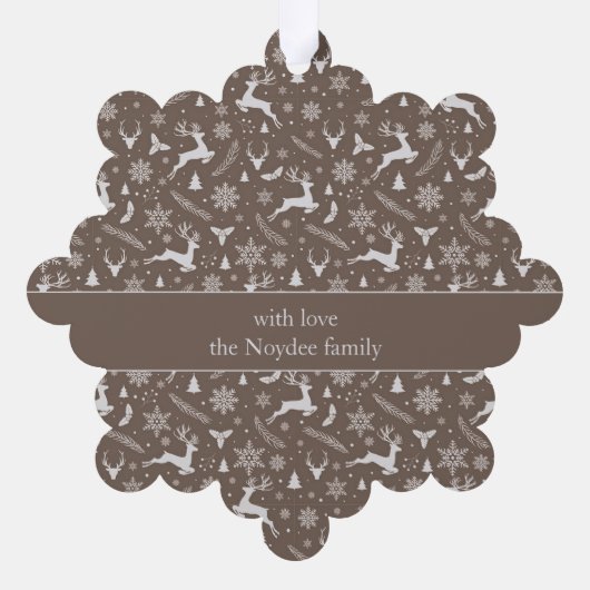 Christmas Reindeer Pattern Brown with Text オーナメントカード (裏面)