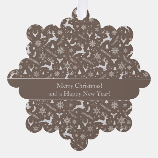 Christmas Reindeer Pattern Brown with Text オーナメントカード (正面)