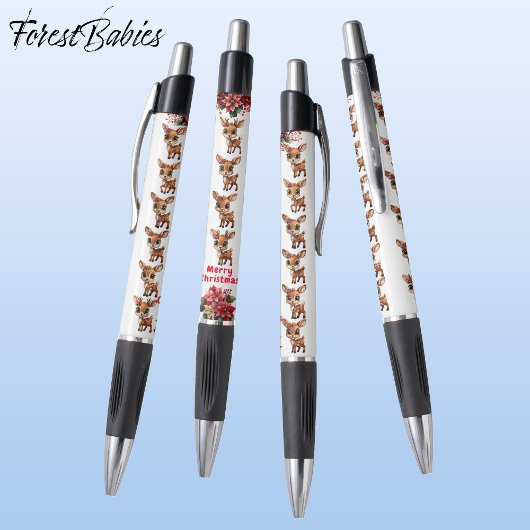 Christmas Reindeer Poinsettia Graphic, White ボールペン