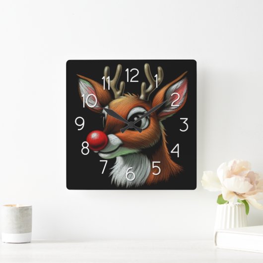 Christmas Reindeer Red Nose Rudolph スクエア壁時計 (ホーム)