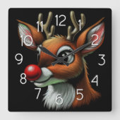 Christmas Reindeer Red Nose Rudolph スクエア壁時計 (正面)