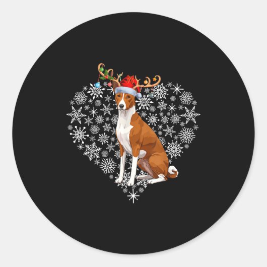 Christmas Reindeer Santa Hat Basenji Lovers Xmas ラウンドシール (正面)