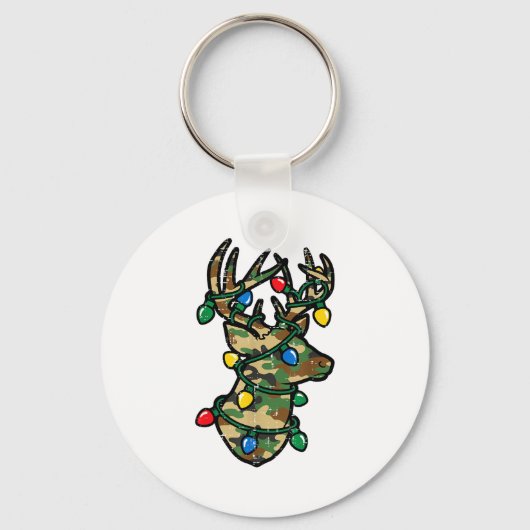Christmas Reindeer Silhouette Camo Xmas Lights Men キーホルダー (正面)