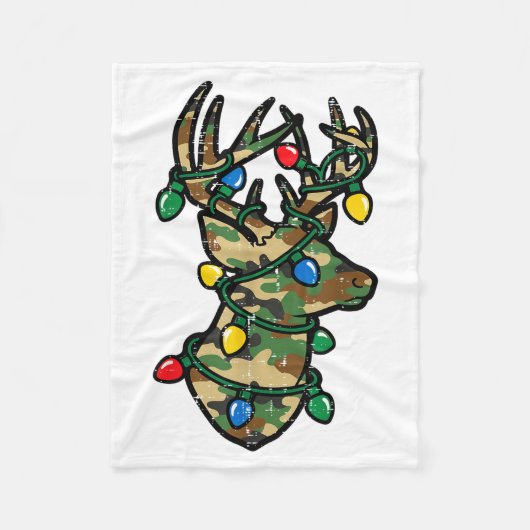 Christmas Reindeer Silhouette Camo Xmas Lights Men フリースブランケット (正面)