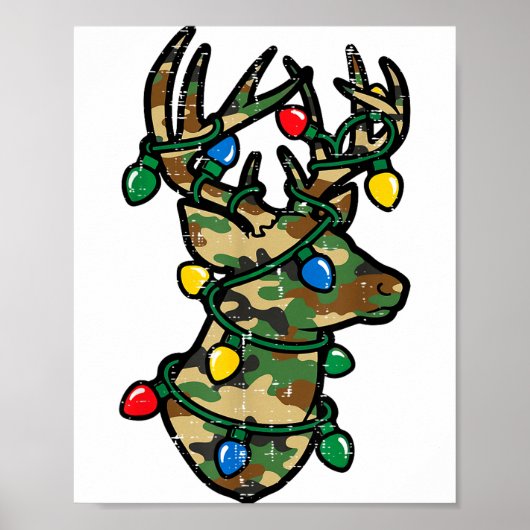 Christmas Reindeer Silhouette Camo Xmas Lights Men ポスター (正面)