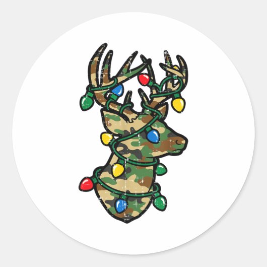 Christmas Reindeer Silhouette Camo Xmas Lights Men ラウンドシール (正面)