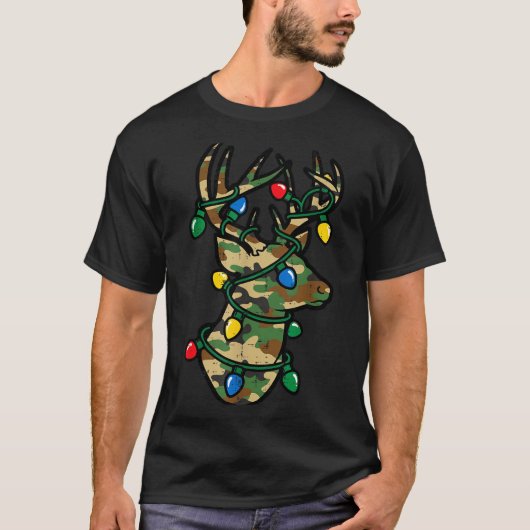 Christmas Reindeer Silhouette Camo Xmas Lights Men Tシャツ (正面)