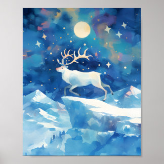 Christmas Reindeer Snow Watercolor Painting Art ポスター