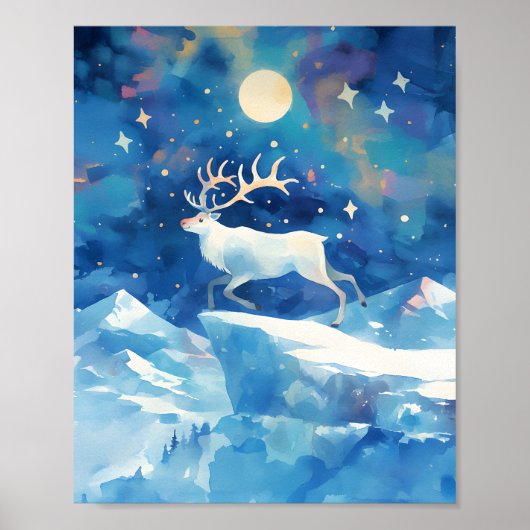 Christmas Reindeer Snow Watercolor Painting Art ポスター (正面)
