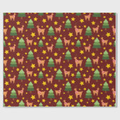 Christmas Reindeer, Tree & Stars Burgundy Seamless ラッピングペーパー (フラット)
