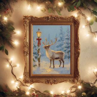 Christmas Reindeer Under the Lamp Light ポスター