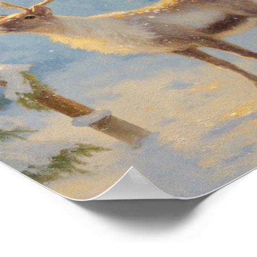 Christmas Reindeer Under the Lamp Light ポスター (角)