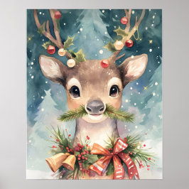 Christmas Reindeer Watercolor Wall painting Decor ポスター