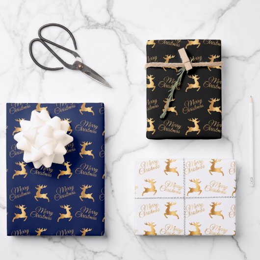Christmas Reindeers on Navy Blue, Black and White ラッピングペーパーシート (正面)