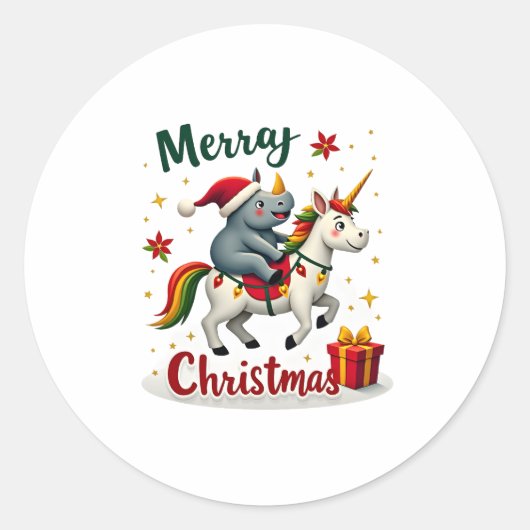 Christmas Rhino Merry Christmas Unicorn Rhino T-Sh ラウンドシール (正面)