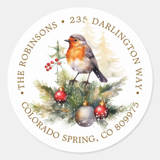 Christmas Robin Pine Baubles Return Address Label ラウンドシール (正面)