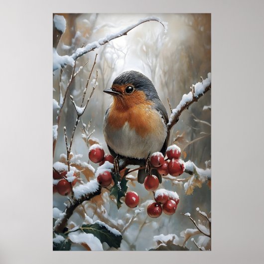 Christmas Robin Print, Vintage Winter Bird Art ポスター (正面)