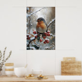 Christmas Robin Print, Vintage Winter Bird Art ポスター (キッチン)