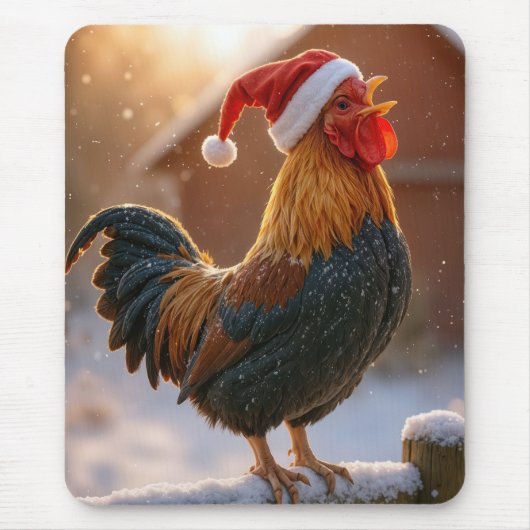 Christmas Rooster Wearing a Santa Hat マウスパッド (正面)