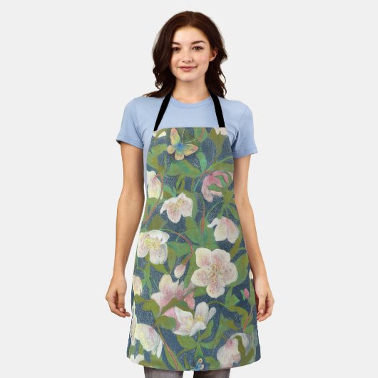 Christmas Rose & Silverwing Butterfly Nocturne エプロン (着用した状態)