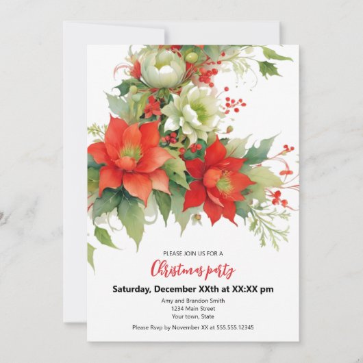 Christmas Roses Watercolor Flat Holiday Card シーズンカード (正面)