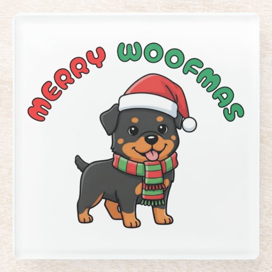 Christmas Rottweiler Coaster: Merry Woofmas ガラスコースター (正面)