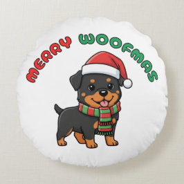 Christmas Rottweiler Round Pillow: Merry Woofmas ラウンドクッション