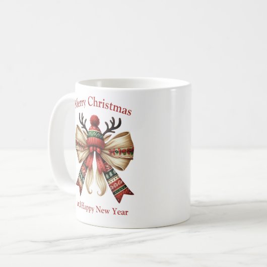 Christmas rustic bow with elves hat reindeer コーヒーマグカップ (正面左)