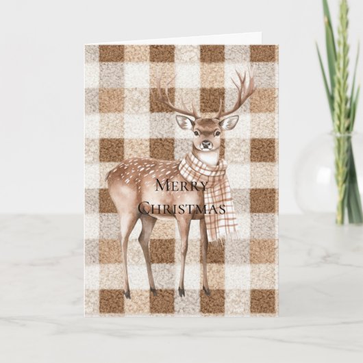Christmas Rustic Cream Brown Plaid Deer カード (正面)