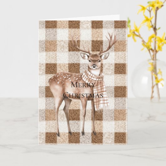 Christmas Rustic Cream Brown Plaid Deer カード (黄色い花)