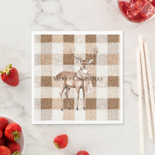 Christmas Rustic Cream Brown Plaid Deer スタンダードランチョンナプキン (インサイチュ)