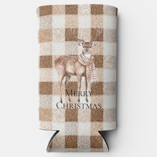 Christmas Rustic Cream Brown Plaid Deer スリム缶クーラー (正面)