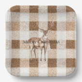 Christmas Rustic Cream Brown Plaid Deer ペーパープレート (正面)