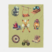 Christmas Rustic Ski Couple Initial Outdoor Olive フリースブランケット (正面)