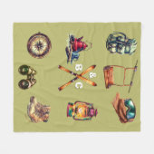 Christmas Rustic Ski Couple Initial Outdoor Olive フリースブランケット (正面(横))