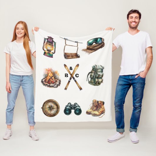 Christmas Rustic Ski Couple Initial Outdoor White  フリースブランケット (インサイチュ)