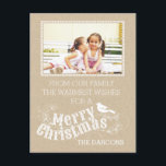 Christmas rustic typography vintage crafty photo シーズンポストカード<br><div class="desc">Rustic typography Merry Christmas holly berry vintage typography script style crafty holiday photo postcard featuring the text “Merry Christmas”, holly berry and a bird in white on PRINTED craft looking paper. This country, rustic elegant and stylish postcard with a modern flair is completely customizable. It is perfect for your Season’s...</div>