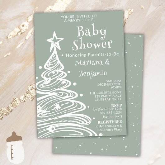 Christmas Sage Green Neutral Couples Baby Shower 招待状